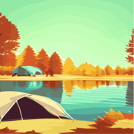 Autumn camp outdoors by the lake with tent vintage vector. Campground poster, mountain, river, illustration. Relaxationのイラスト素材