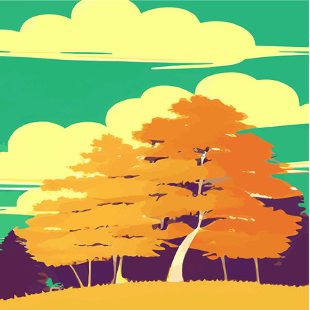 Autumn countryside scenery with sunset, panoramic mid-autumn leaves falling from trees in orange foliage. Wonderlandのイラスト素材