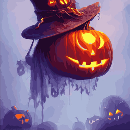 Print Spooky vector illustration pumpkins fantasy style. Halloween stylized horror pumpkin spooky party decoration, mockupのイラスト素材
