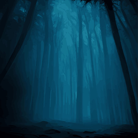 Silhouettes of trees in a dark night forest with a blue haze tint. Fantastic mysterious landscape. Foggy forestのイラスト素材