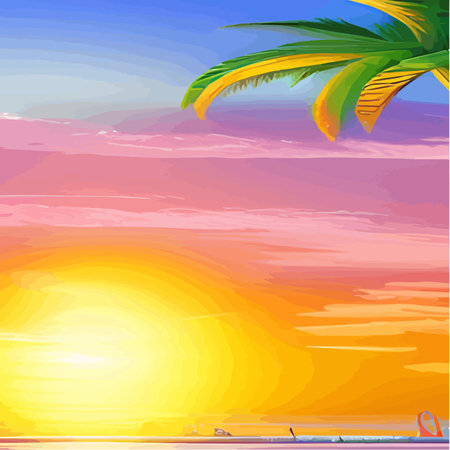Web Miami beach with palm trees at sunset .Tropical landscape with sunny sky, palm trees on the beach. silhouette of palmのイラスト素材