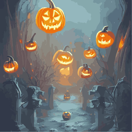 Halloween night in fantasy style. Happy Halloween background with scary pumpkin in graveyard with haunted houseのイラスト素材
