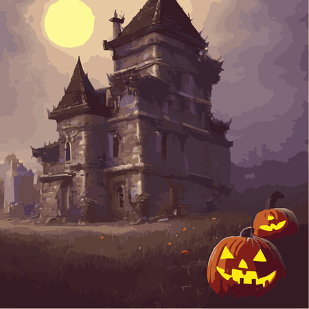 Halloween night background image with spooky castle and pumpkins. Vector elements banner, Halloween celebrationのイラスト素材