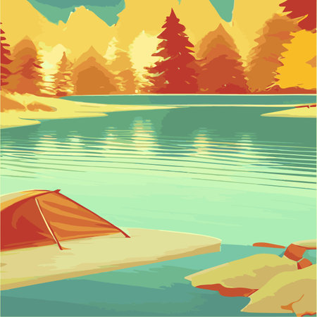 Autumn camp outdoors by the lake with tent vintage vector. Campground poster, mountain, river, illustration. Relaxationのイラスト素材
