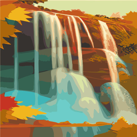 Autumn forest landscape with a cascading waterfall on the rocks. Vector cartoon illustration of a nature sceneのイラスト素材
