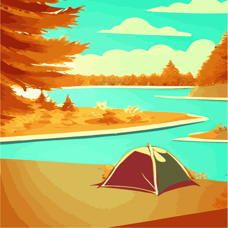 Autumn camp outdoors by the lake with tent vintage vector. Campground poster, mountain, river, illustration. Relaxationのイラスト素材