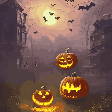 Halloween. Happy Halloween Fantasy Illustration with Halloween pumpkin, trees, house, moon on the background of oldのイラスト素材