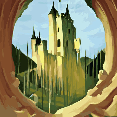 Mobile Gothic castle behind the gates in the moonlight scary building with ghosts Halloween festive concept flat vectorのイラスト素材