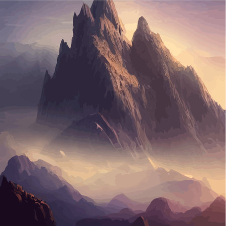 Realistic illustration of a mountain landscape with hills and coniferous forest under retro. Smoke mountains. vectorのイラスト素材