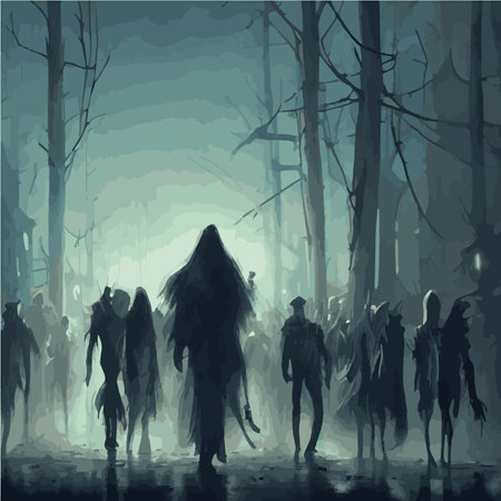 crowd hungry zombies forest. Silhouettes scary zombies walking at night. Creepy fantasy vector illustration with full moon and grave. Silhouette zombies walking cemetery, undead monster gravestoneのイラスト素材