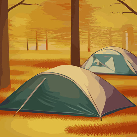 Vector illustration camping site with tent in autumn forest with wildlife trees Autumn mood square frame that can be used for print designs greeting cards Camping autumn scene Forest walking landscapeのイラスト素材