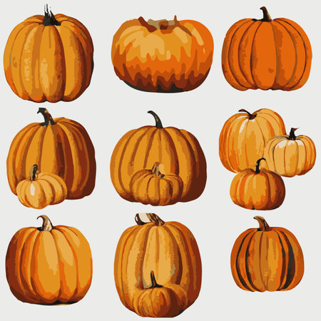 Set of varied pumpkins on a beige background. The main symbol of a happy Halloween holiday. Orange pumpkin for your festive Halloween design. Vector illustrationのイラスト素材