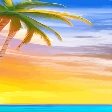 Web Miami beach with palm trees at sunset .Tropical landscape with sunny sky, palm trees on the beach. silhouette of palmのイラスト素材