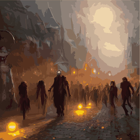 crowd hungry zombies forest. Silhouettes scary zombies walking at night. Creepy fantasy vector illustration with full moon and grave. Silhouette zombies walking cemetery, undead monster gravestoneのイラスト素材