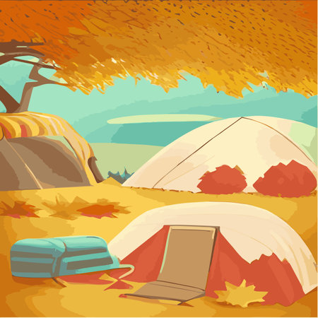 Vector illustration camping site with tent in autumn forest with wildlife trees Autumn mood square frame that can beのイラスト素材