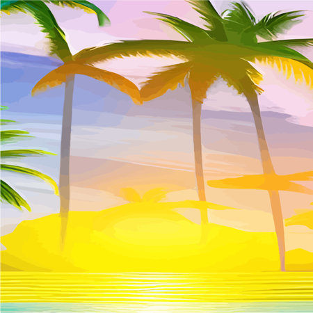 Web Miami beach with palm trees at sunset .Tropical landscape with sunny sky, palm trees on the beach. silhouette of palmのイラスト素材