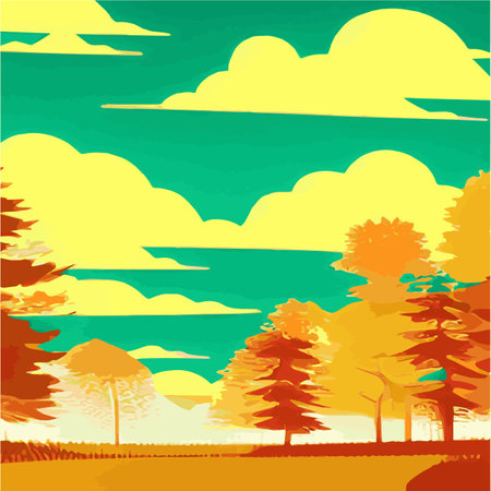 Autumn countryside scenery with sunset, panoramic mid-autumn leaves falling from trees in orange foliage. Wonderlandのイラスト素材
