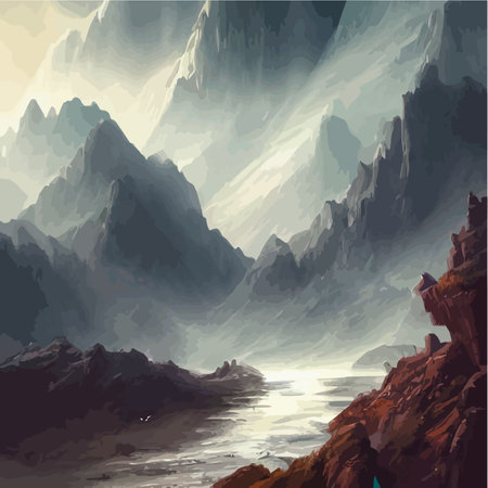 Realistic illustration of a mountain landscape with hills and coniferous forest under retro. Smoke mountains. vectorのイラスト素材