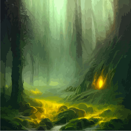Print Exotic foggy forest natural forest landscape. vector illustration . Landscape silhouette. Dense trees, lush springのイラスト素材