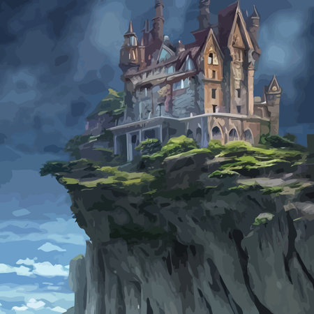Mobile Gothic castle behind the gates in the moonlight scary building with ghosts Halloween festive concept flat vectorのイラスト素材