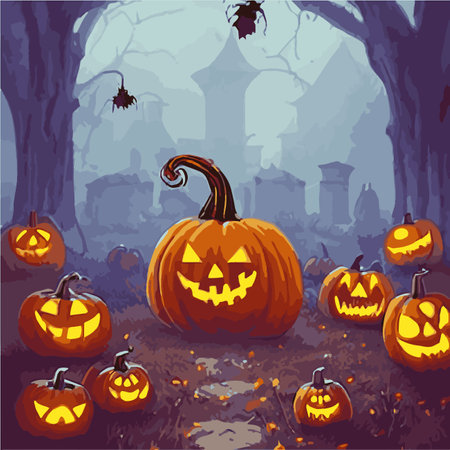 Creepy Halloween card. Glowing pumpkins on the background of a spooky place with a fantasy style house. Halloween party with pumpkins. Vector illustrationのイラスト素材