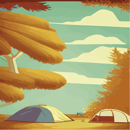 Vector illustration camping site with tent in autumn forest with wildlife trees Autumn mood square frame that can beのイラスト素材