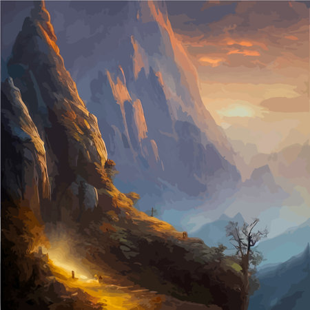 Realistic illustration of a mountain landscape with hills and coniferous forest under retro. Smoke mountains. vectorのイラスト素材