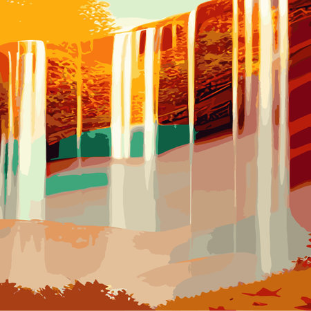 Autumn forest landscape with a cascading waterfall on the rocks. Vector cartoon illustration of a nature sceneのイラスト素材