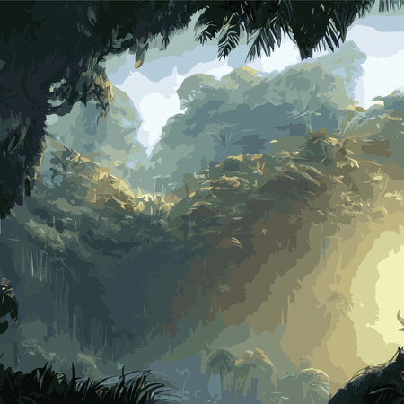 Jungle tropical background. Jungle landscape background illustration, with decorations made from leaves and foliageのイラスト素材