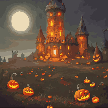 Halloween night background image with spooky castle and pumpkins. Vector elements banner, Halloween celebrationのイラスト素材