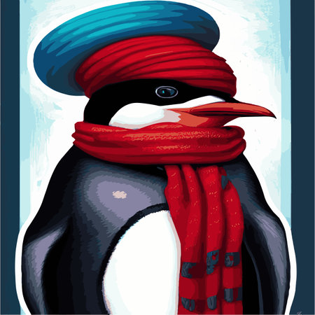 Print Vector poster with cute winter penguin in cozy clothes. Doodle illustration. Winter holidays, Illustration of familyのイラスト素材