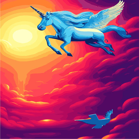 Print Magical cute unicorn flying in the clouds in cartoon style, for web landing page, banner, flyer, sticker, card. Fairyのイラスト素材