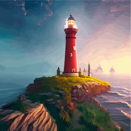 Web Peaceful seaside landscape with a white lighthouse. Vector illustration. Lighthouse with a barn on the rocksのイラスト素材