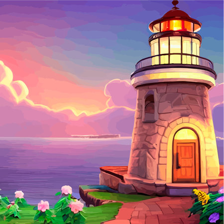 Web Peaceful seaside landscape with a white lighthouse. Vector illustration. Lighthouse with a barn on the rocksのイラスト素材