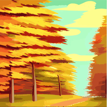 Autumn countryside scenery with sunset, panoramic mid-autumn leaves falling from trees in orange foliage. Wonderlandのイラスト素材