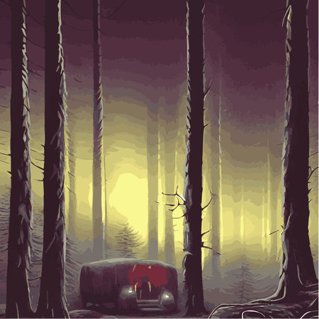 Print Mysterious forest. Background landscape at night twilight foggy forest. Cartoon colored illustration of taiga darkのイラスト素材