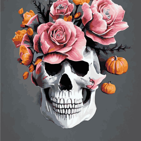 Skull with flowers, roses and pumpkins for Halloween. Vector illustration for autumn halloween holiday in vintage oldのイラスト素材