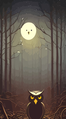 Print Cartoon illustration owl sitting forest under full moon. vertical vector illustration. owl sits branch looks seriouslyのイラスト素材