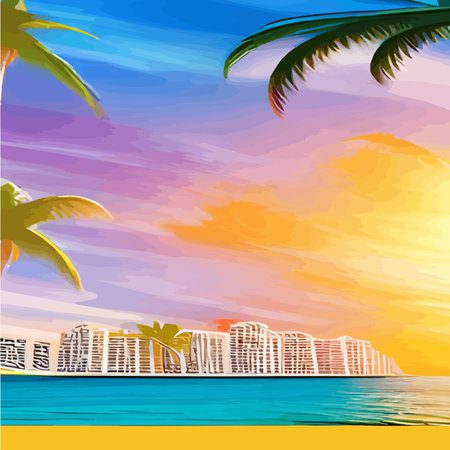 Web Miami beach with palm trees at sunset. Tropical landscape with sunny sky, palm trees on the beach. silhouette of palmのイラスト素材