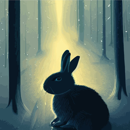 Print Rabbits sitting on the snowy ground of the winter forest. Hares in a forest with spruce pines and bushes with redのイラスト素材