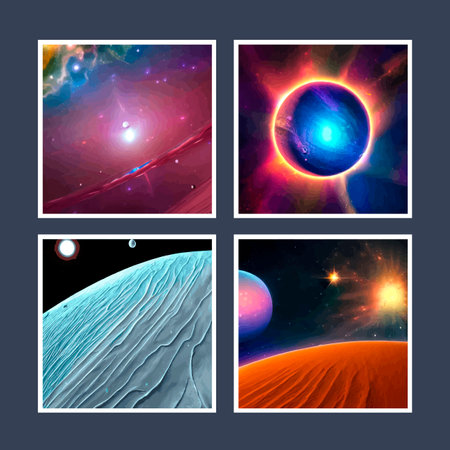 Set four square backgrounds. Space background with alien planet landscape with craters illuminated...