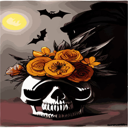 Gothic romantic human skull red roses and pink peonies with small pumpkins for halloween, clothing template and t-shirtのイラスト素材