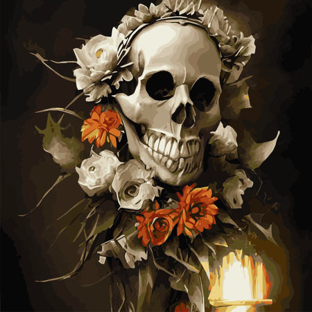 Skull with flowers, roses and pumpkins for Halloween. Vector illustration for autumn halloween holiday in vintage oldのイラスト素材