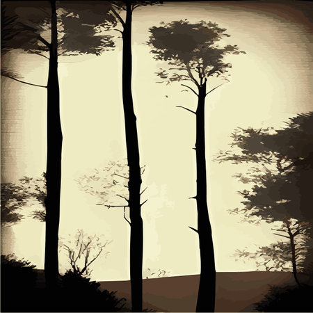 Print Vintage oak forest. Winter and summer tree. Hand drawn vector illustration. Retro style. old trees. fern and frondのイラスト素材