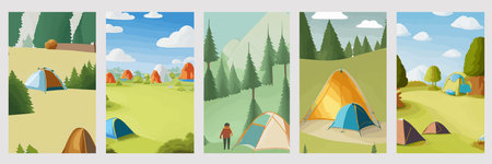 Camping landscape with tent in the forest clearing. Tents in pine forest grass. Summer camping nature. Eco tourism. Outdoor recreation concept. Vector illustration, set of vertical postersのイラスト素材
