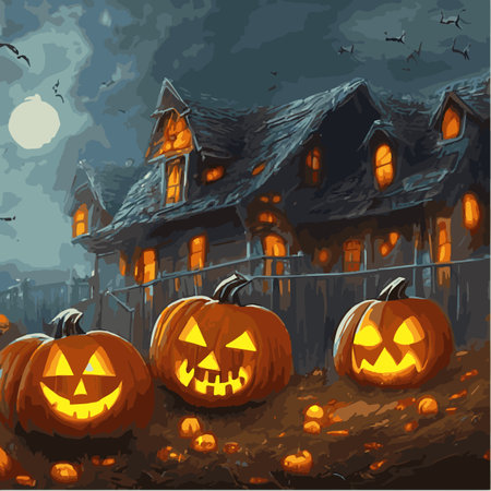 Creepy Halloween card. Glowing pumpkins on the background of a spooky place with a fantasy style house. Halloween party with pumpkins. Vector illustrationのイラスト素材