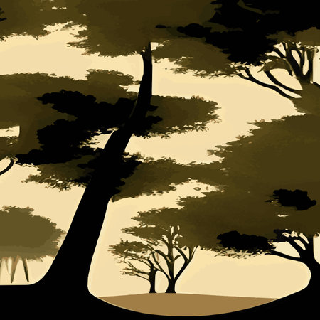 Print Vintage oak forest. Winter and summer tree. Hand drawn vector illustration. Retro style. old trees. fern and frondのイラスト素材