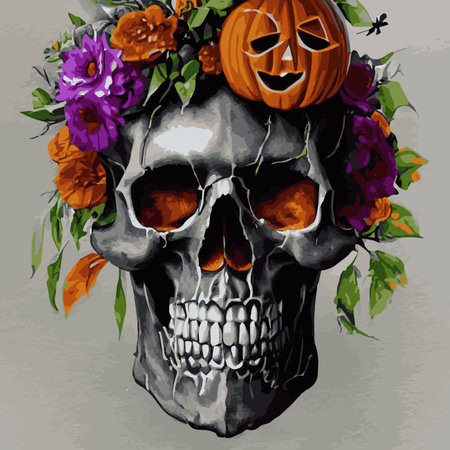 Gothic romantic human skull red roses and pink peonies with small pumpkins for halloween, clothing template and t-shirtのイラスト素材