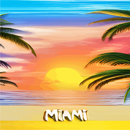 Web Miami beach with palm trees at sunset. Tropical landscape with sunny sky, palm trees on the beach. silhouette of palmのイラスト素材