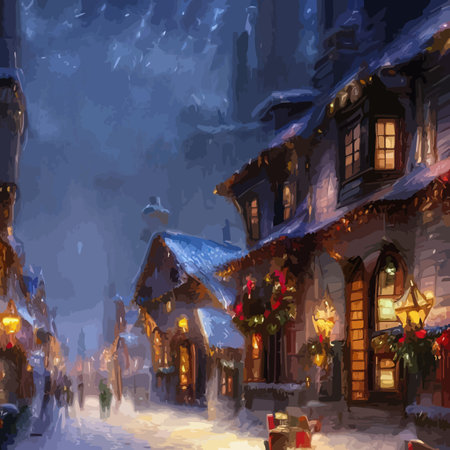 Mobile Christmas city illustration. Christmas snowy old town. Cartoon buildings. Christmas background. City street at winter.のイラスト素材
